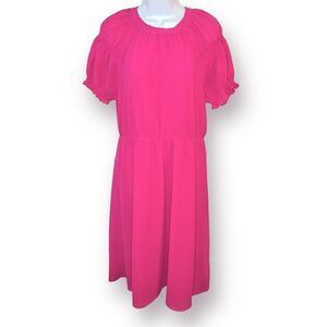 Skies Are Blue Casual Short Sleeve Smocked Sleeve Midi Dress Hot Pink M